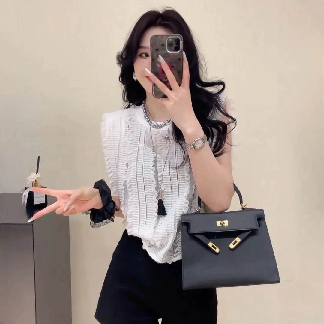 超仙的夏日百褶木耳边洋气衬衫上衣女