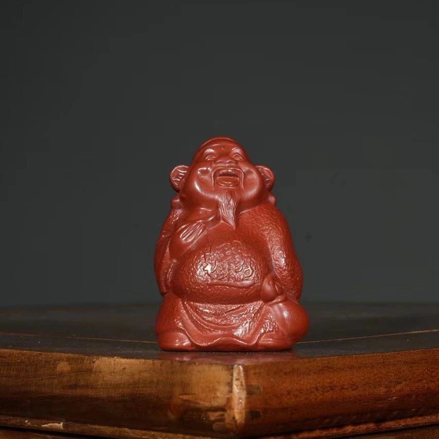 宜兴原矿朱泥大红袍雕塑如意财神紫砂手工茶宠茶玩茶道摆件