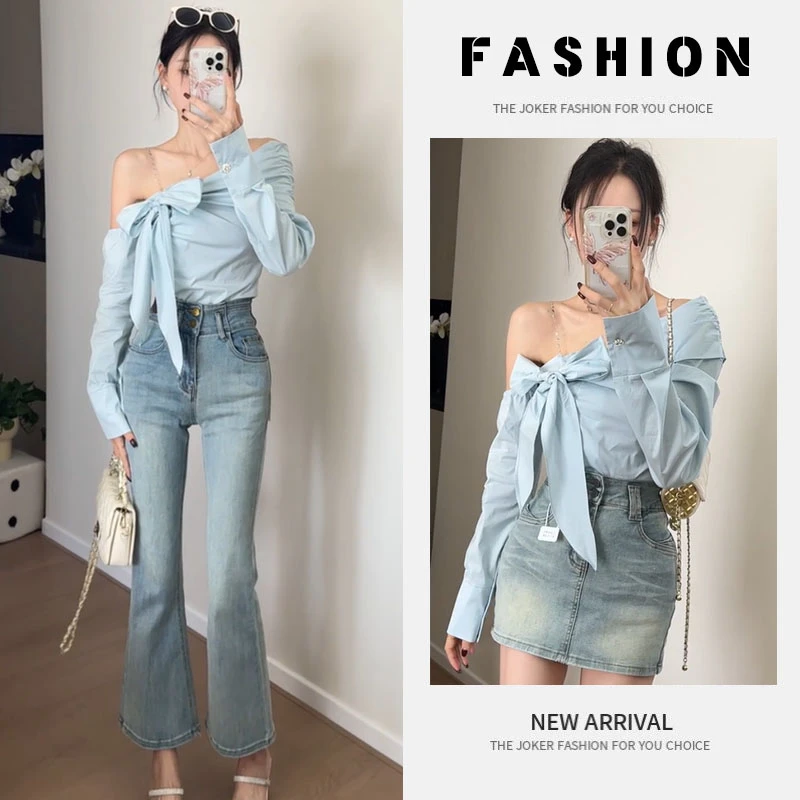 早春一整套女装2025新款蝴蝶结减龄斜肩衬衫高腰微喇牛仔裤两件套
