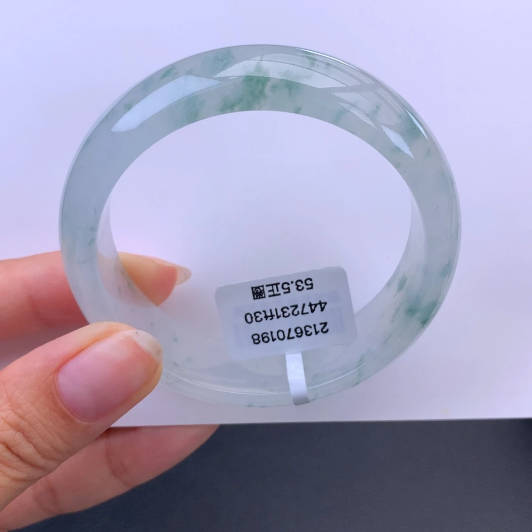 翡翠未镶嵌手镯白冰莹光绿花轮胎手镯
