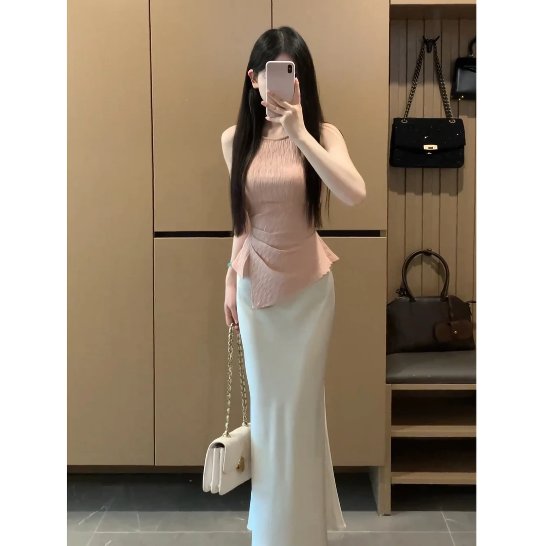 【盛夏邂逅】夏季气质褶皱收腰不规则无袖上衣+高腰显瘦包臀半身裙