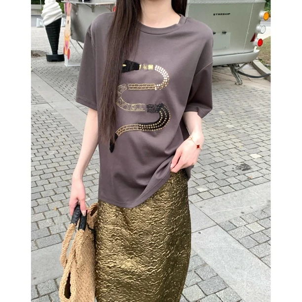 【精致贵气】25636 小众灵蛇图形拼接圆领T恤独特别致显瘦上衣