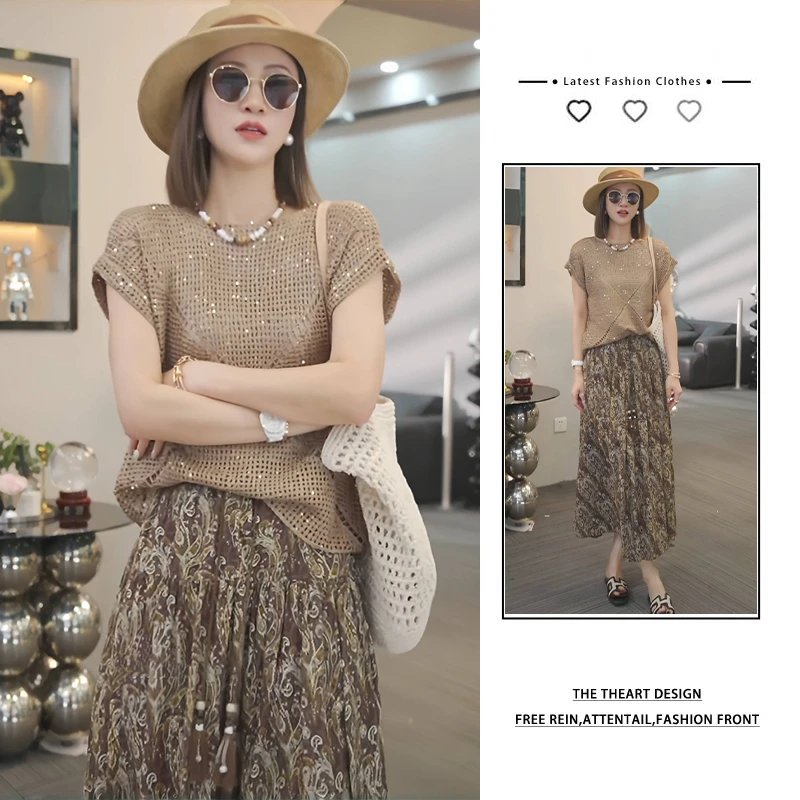 夏季穿搭一整套女2025新款设计感针织短袖配气质显瘦半身裙两件套