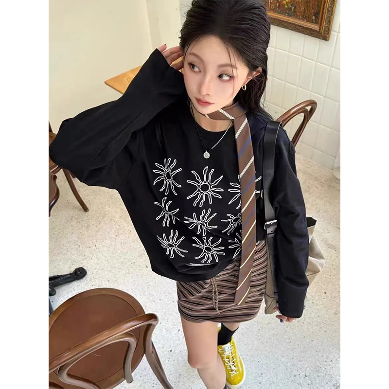 重磅纯棉简约宽松薄款体恤衫长袖日常基础早秋装慵懒风显瘦T恤女