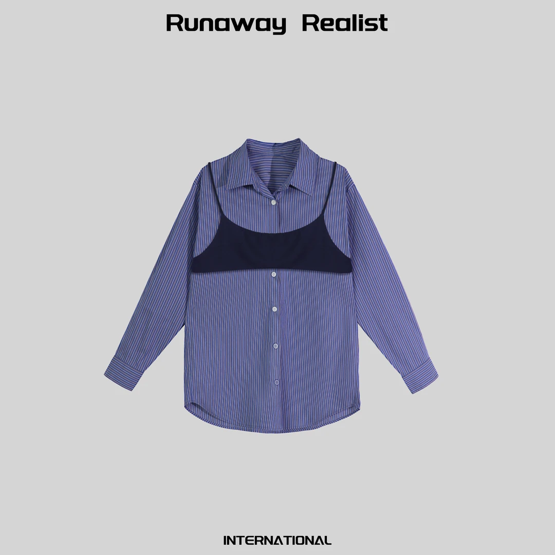 【RUNAWAY REALIST】韩系设计感真两件蓝色竖条纹宽松长袖衬衫 W323