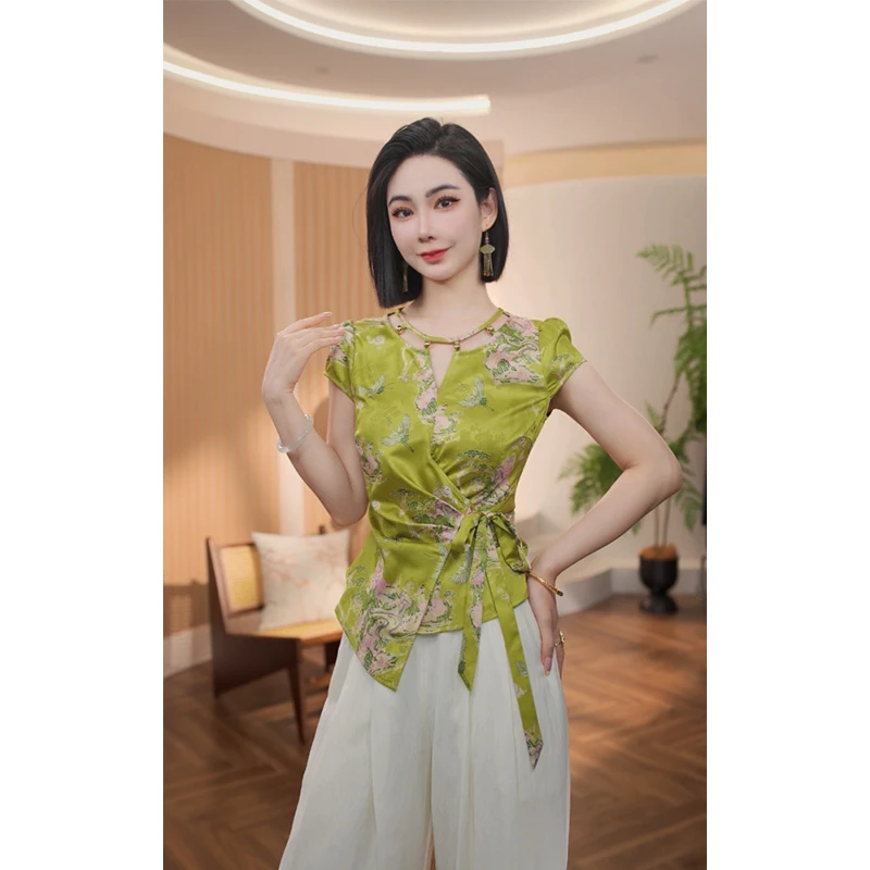 格娜夏季气质新款设计师款小众别致薄款上衣系带收腰显瘦女衬衫