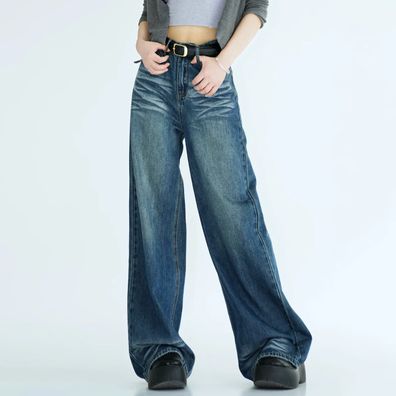 蓝色复古猫须纹牛仔裤女款2025秋装爆款水洗小众高腰直筒裤阔腿裤