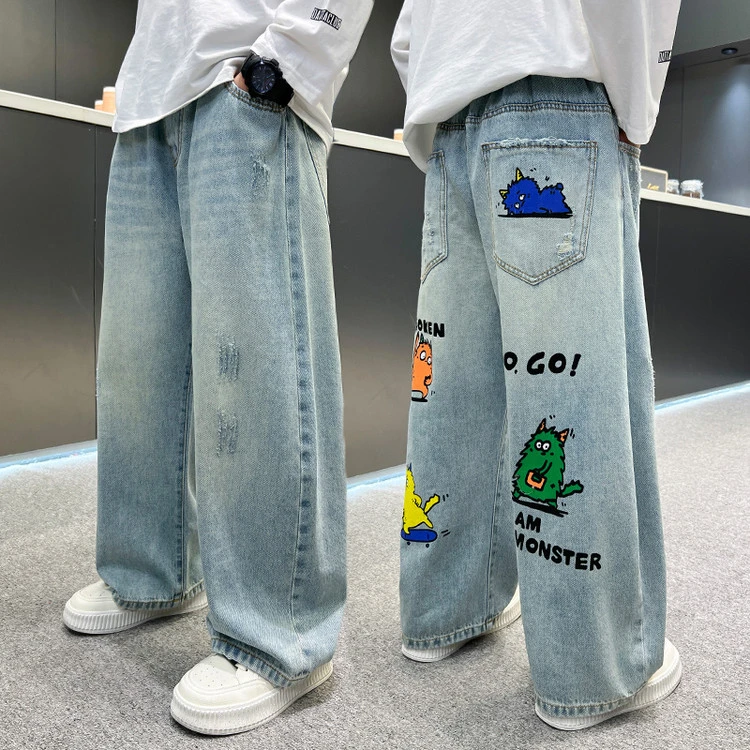 男童牛仔裤春秋款中大童卡通涂鸦炸街百搭宽松儿童休闲裤洋气直筒