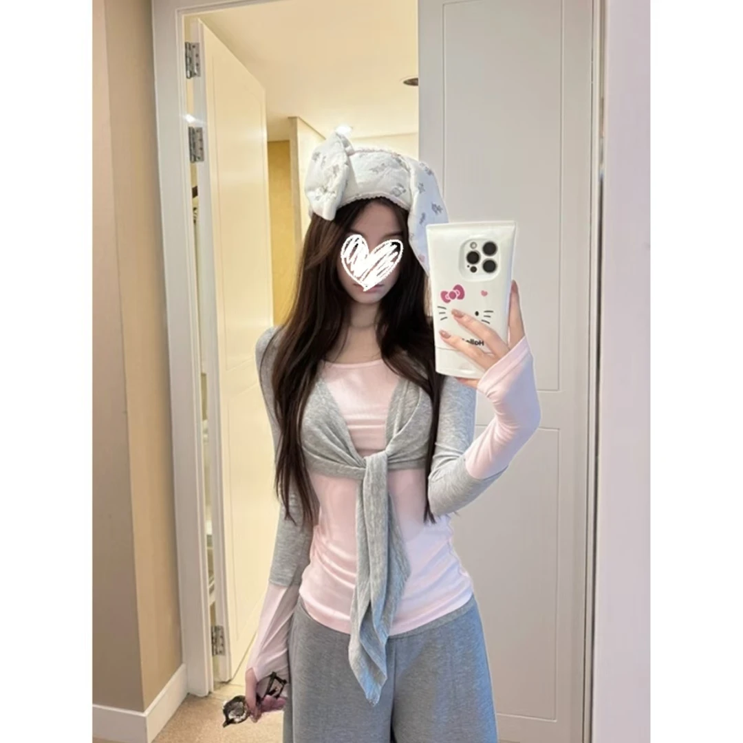 【盐系少女】韩版假两件纯欲拼色长袖T恤~运动直筒裤女套装H826