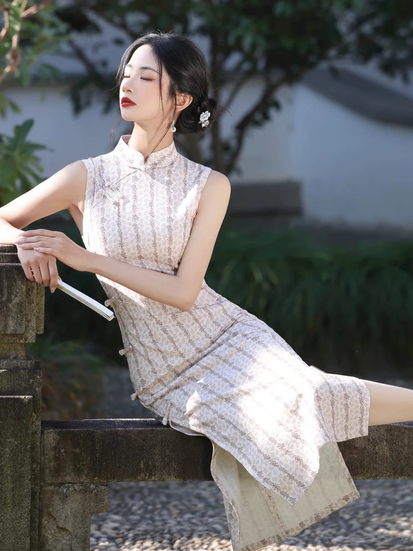 贝佳-无袖日常气质印花斜襟无袖碎花法式纯色旗袍中国风