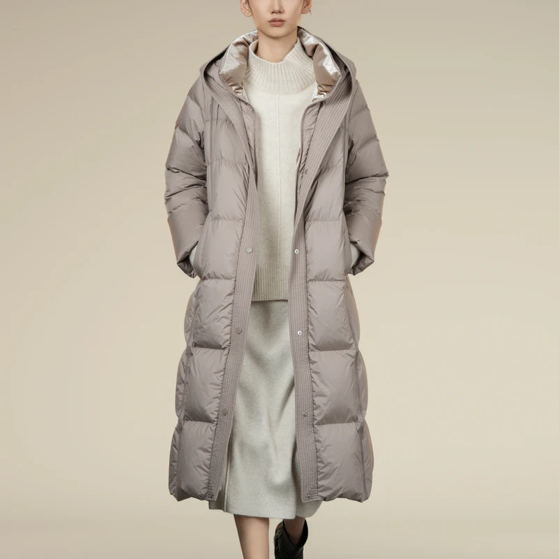 XG雪歌浅咖连帽长款羽绒服冬季新款温柔通勤蓬松保暖过膝百搭外套