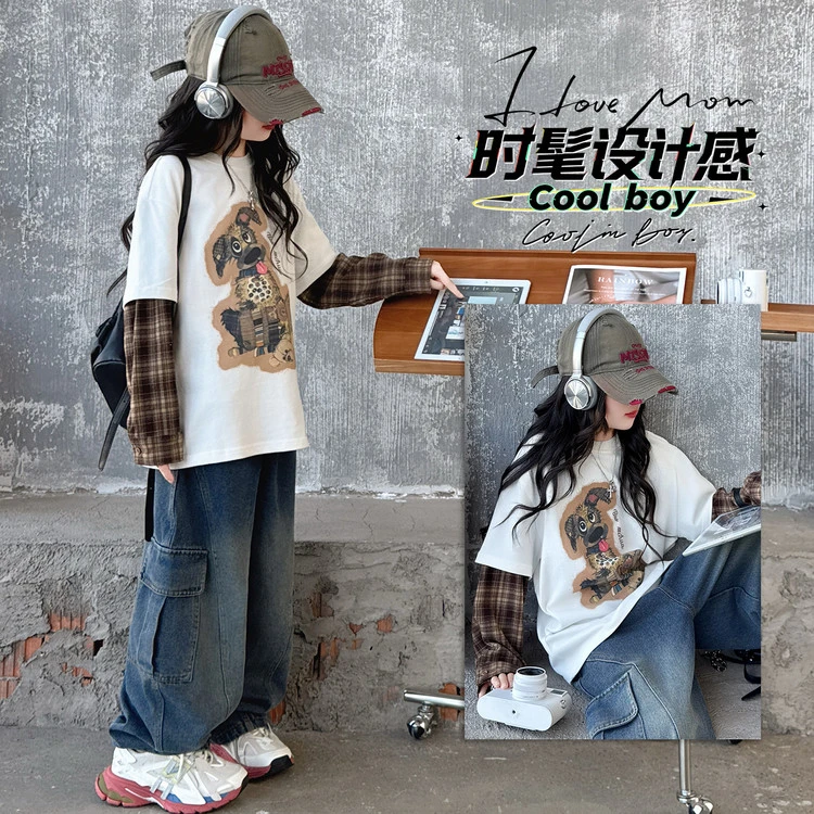2025秋款女童韩版假两件拼接格子袖子卫衣套装阔腿秋季宽松休闲