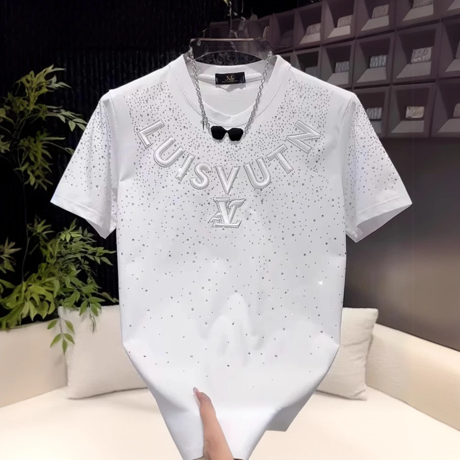 巴康波劳 欧货重工烫钻短袖T恤男士2025新款夏季宽松休闲半袖上衣