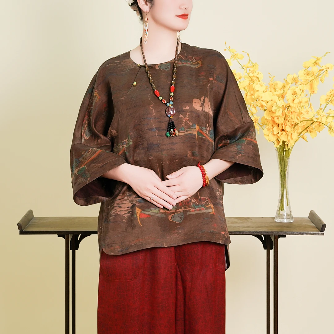 【龙舟】2025年新款100%香云纱圆领花罗新中式国风太太服