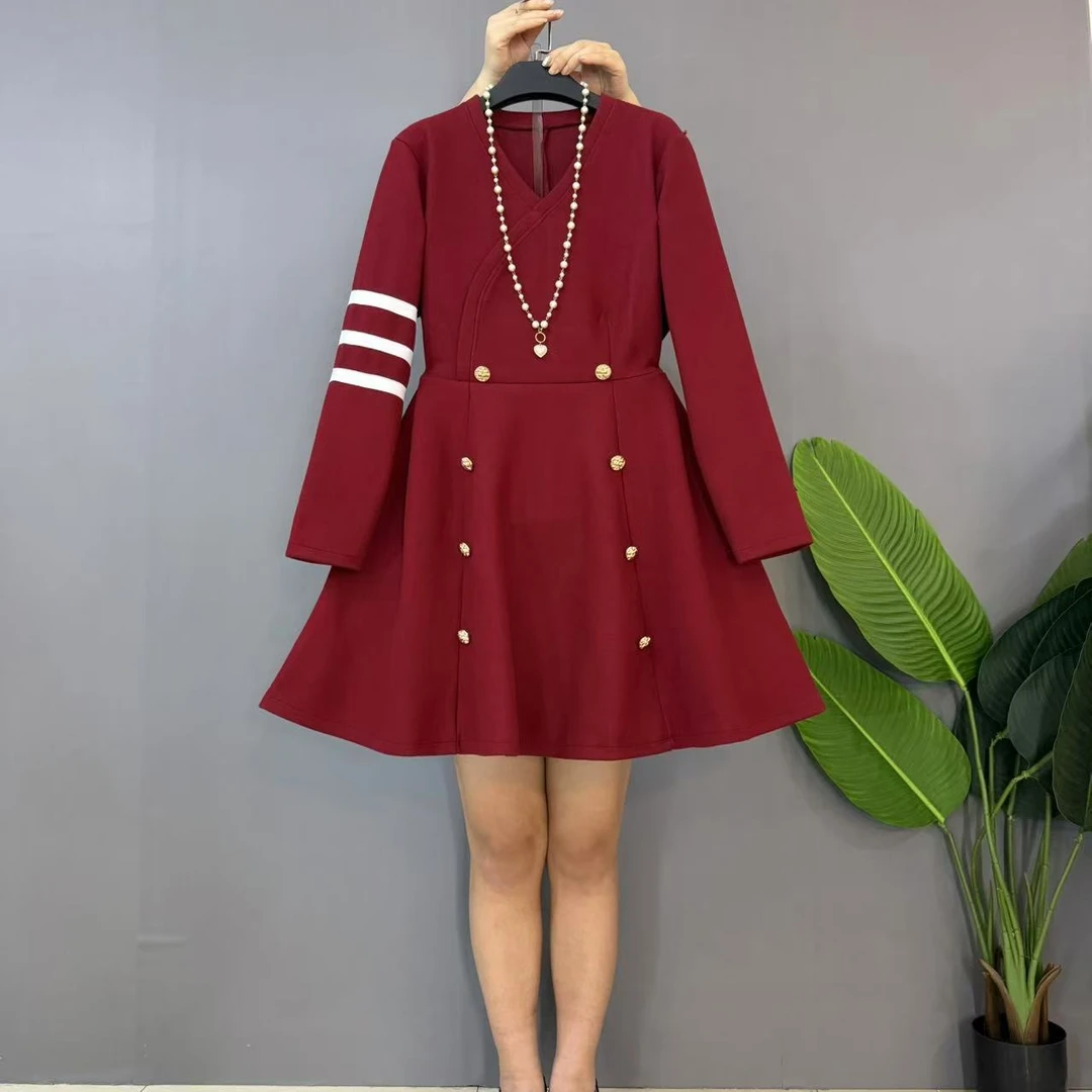 新款大码女装时尚气质V领双排扣显瘦连衣裙