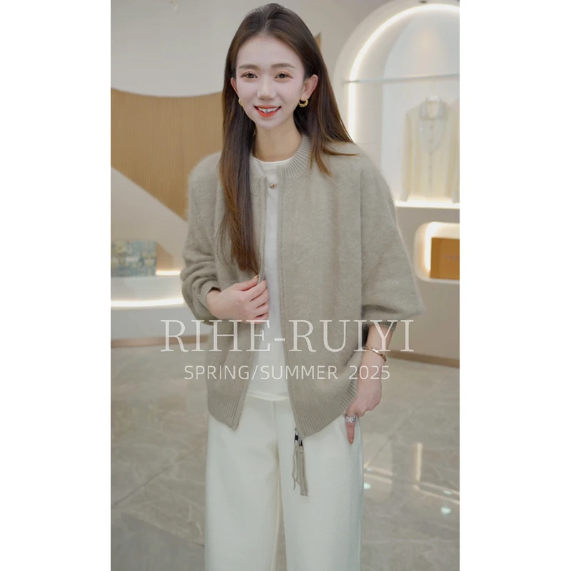 R H 【暖绒绒】羊毛羊绒混纺休闲显瘦老钱洋气拉链开衫毛衣61005