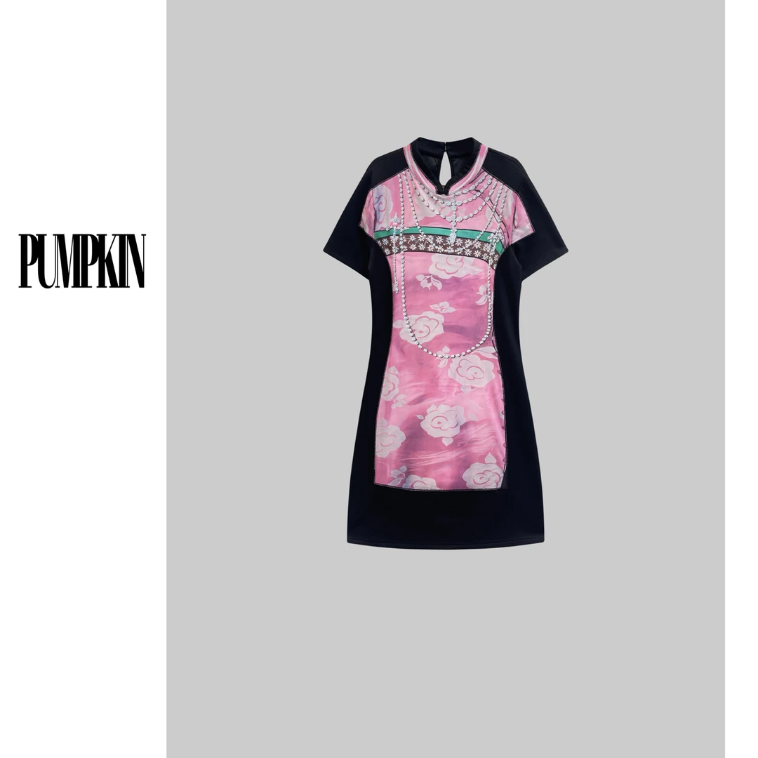 【断码清清No退No换】·大码夏季趣味设计感印记旗袍假两件连衣裙