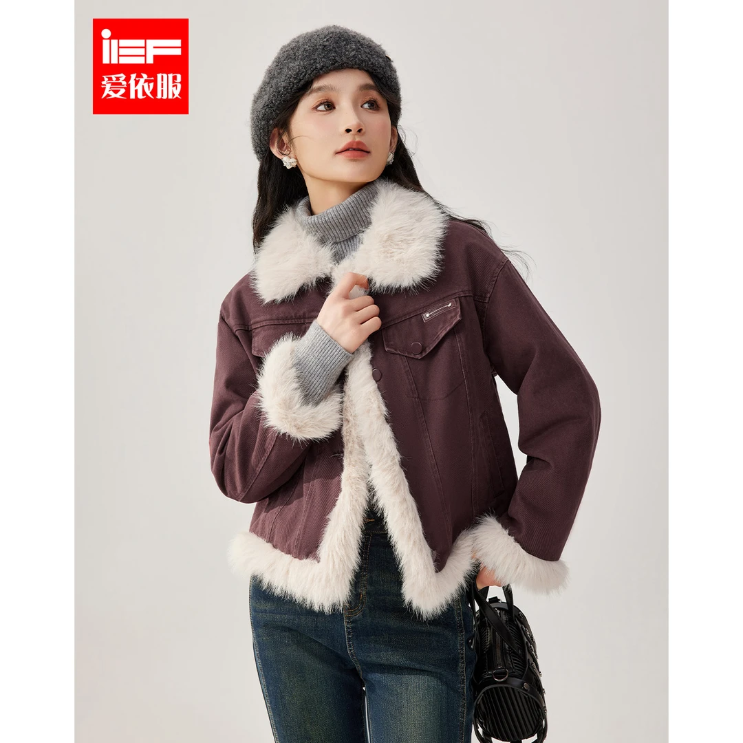 IEF/爱依服2025冬季新款美式拼接洋气复古设计感小众女装牛仔外套