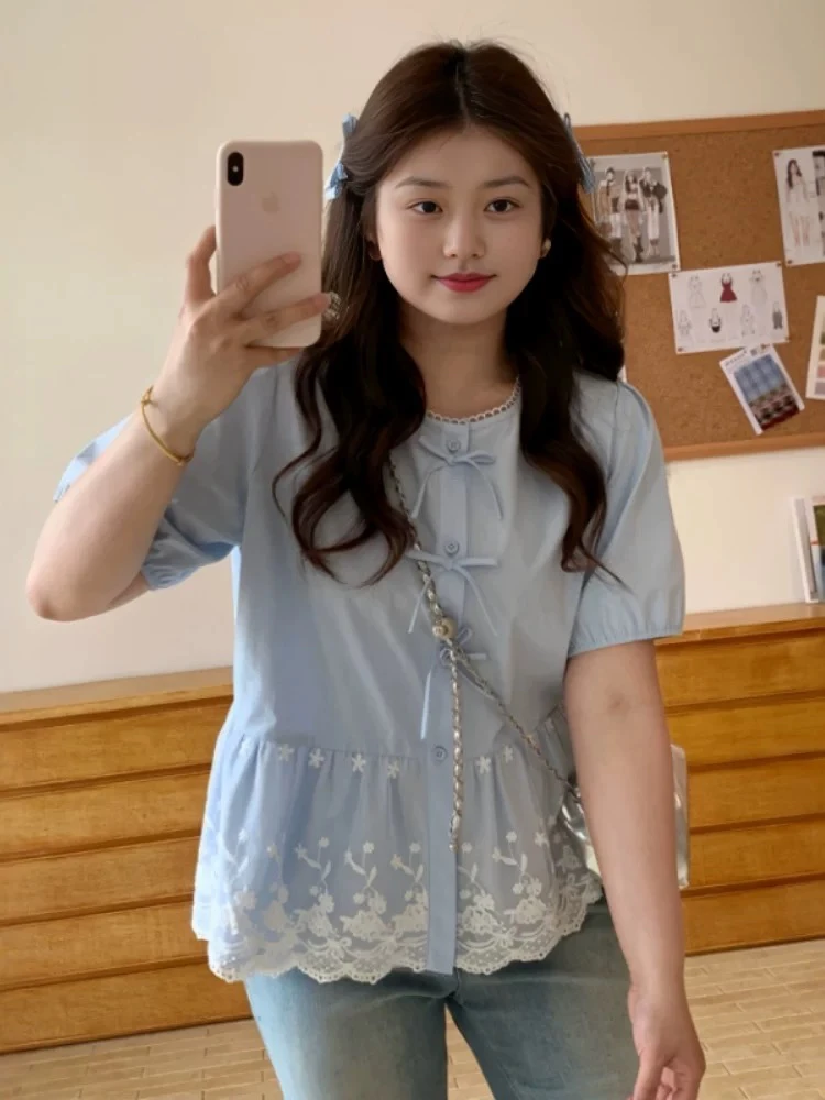 ～大码蓝色法式泡泡袖衬衫女夏设计感复古遮肚子显瘦微胖上衣