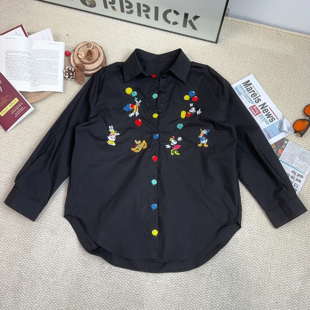 2025春季新款休闲百搭卡通刺绣长袖纯色衬衫外套9343