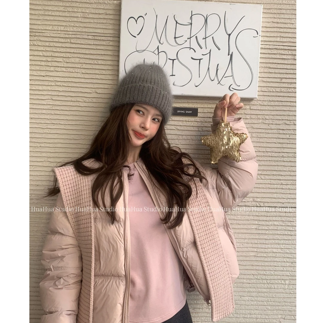 【花花】嘟嘟包~韩版针织连帽90白鸭绒泡芙羽绒服轻保暖短款外套