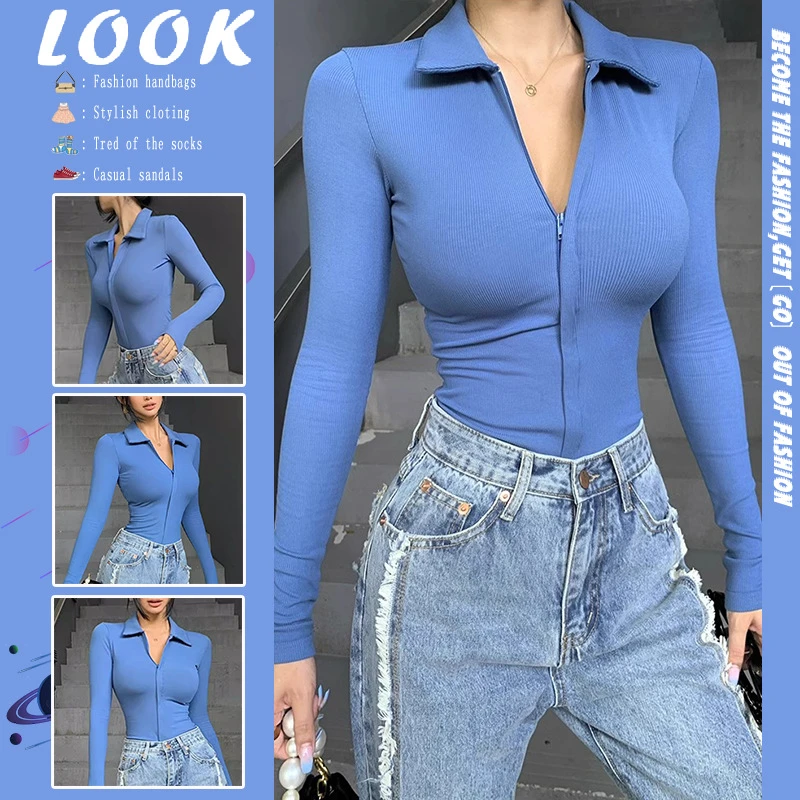 修身打底衫POLO领连衣女2025春秋新款连档欧美风辣妹长袖T恤潮