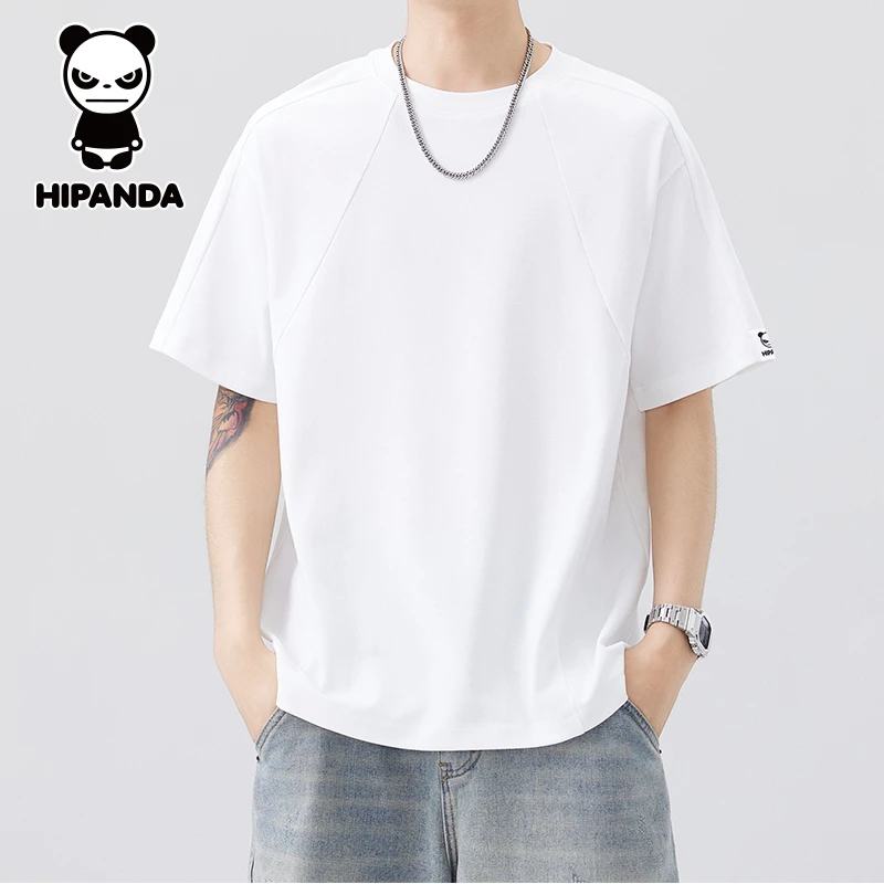 HiPanda你好熊猫夏季纯色t恤高级感男装圆领宽松情侣休闲男士短袖