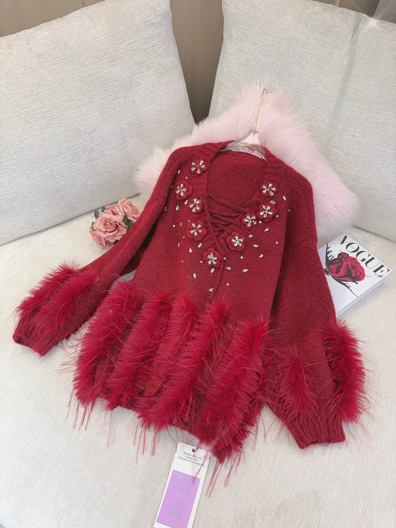 DC【伊人妗江】长袖网红显瘦时尚花朵毛毛百搭上衣