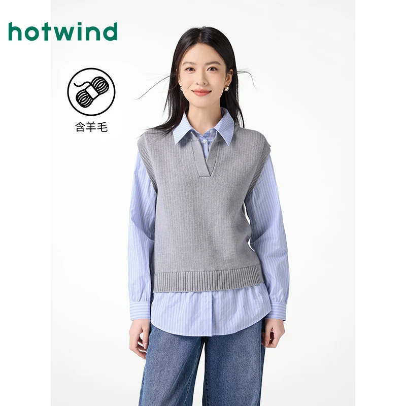 热风2025年春季新款女士假两件针织衫F08W25121