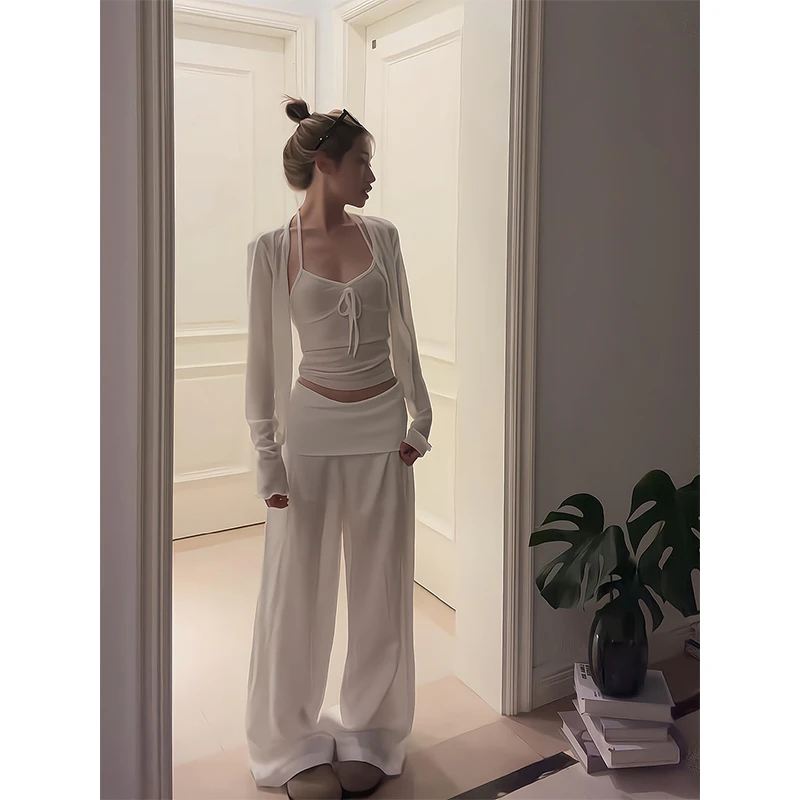 2025夏季纯欲风性感辣妹内搭吊带针织长袖开衫宽松阔腿裤三件套