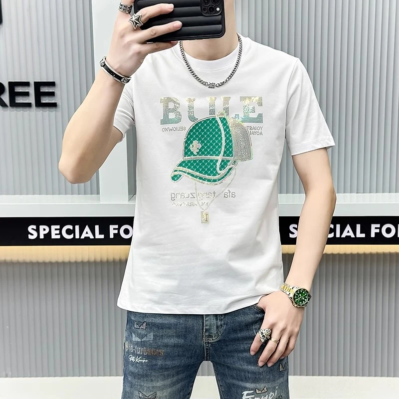 夏季新款轻奢男装欧货短袖男士新款高端潮流时尚印花圆领半袖T恤