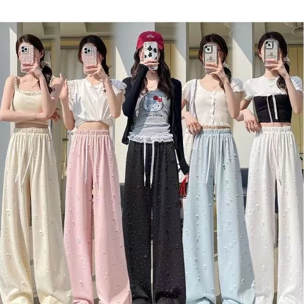 破洞烫钻冰丝阔腿裤女夏季薄款高腰显瘦宽松直筒垂感拖地裤3359