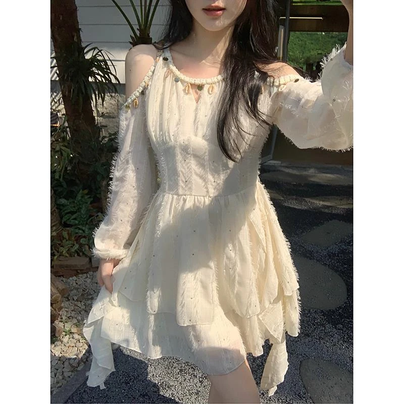 大码法式露肩长袖连衣裙女春季时尚高级感仙女裙胖MM遮肚显瘦裙子