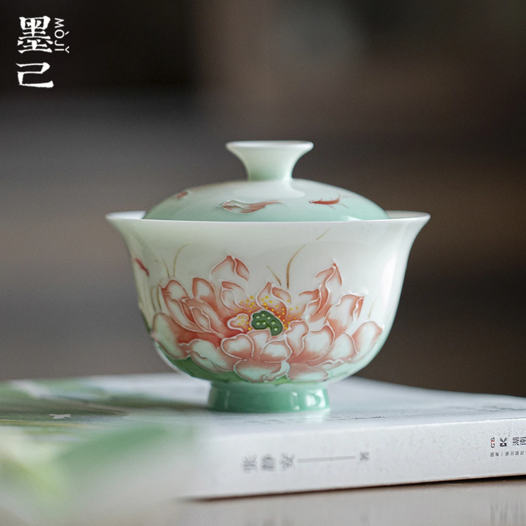 墨己玉泥白瓷手绘荷花陶瓷家用盖碗釉下彩高颜值功夫茶具泡茶碗iI