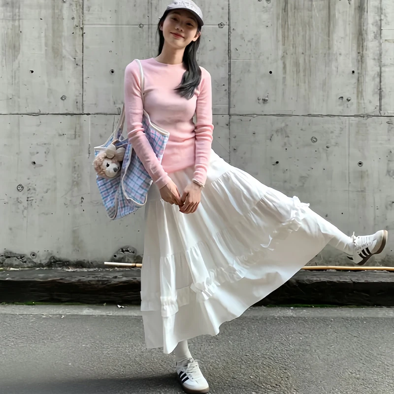 白色蛋糕裙女夏2024新款高腰显瘦a字中长款半身裙