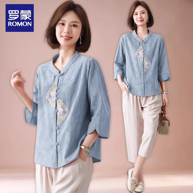 罗蒙妈妈装夏套装端庄大气衬衫大码中老年人女夏季国风上衣两件套