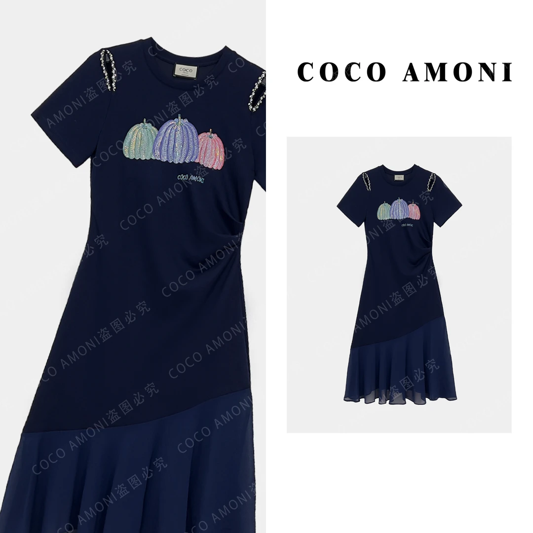 【曼姐】气质减龄烫钻南瓜露肩拼接时尚百搭收腰连衣裙ZP270