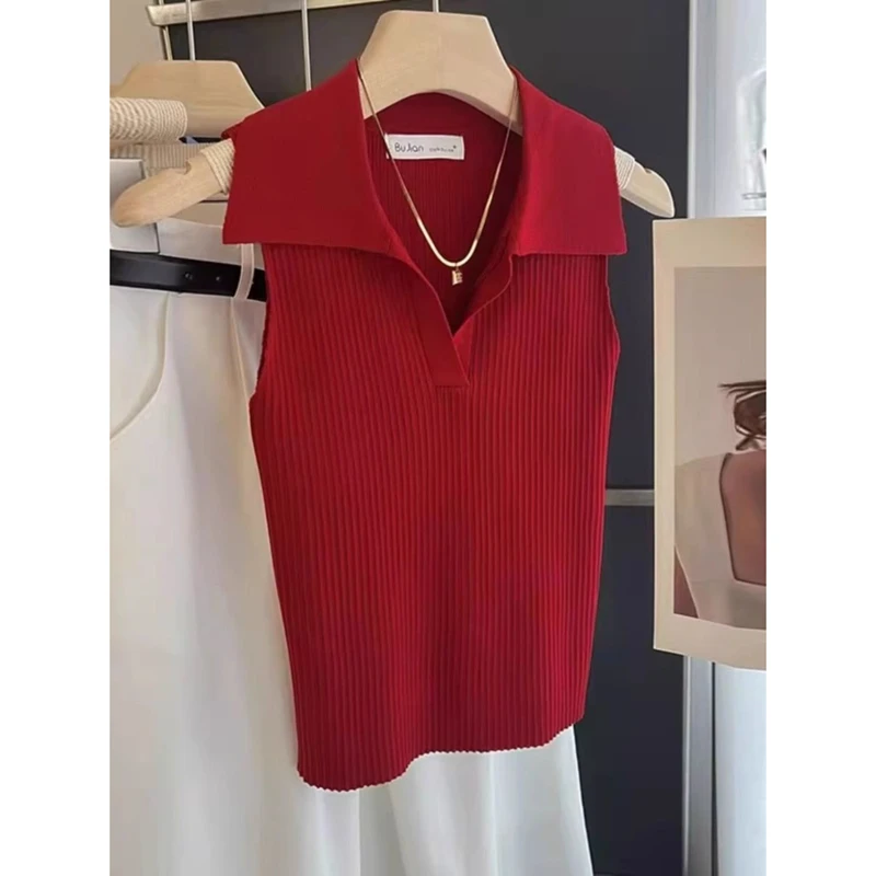 红色港风复古吊带背心女夏外穿内搭美背打底无袖法式削肩砍袖上衣