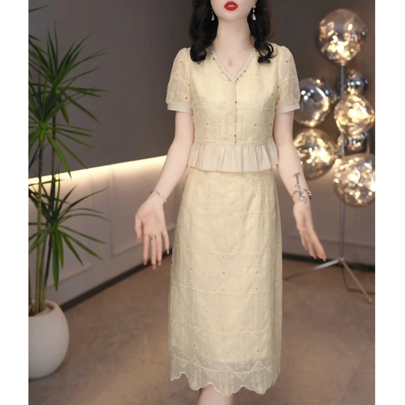 时尚小香风连衣裙假两件中长裙2025夏季减龄短袖高腰显瘦高档裙子