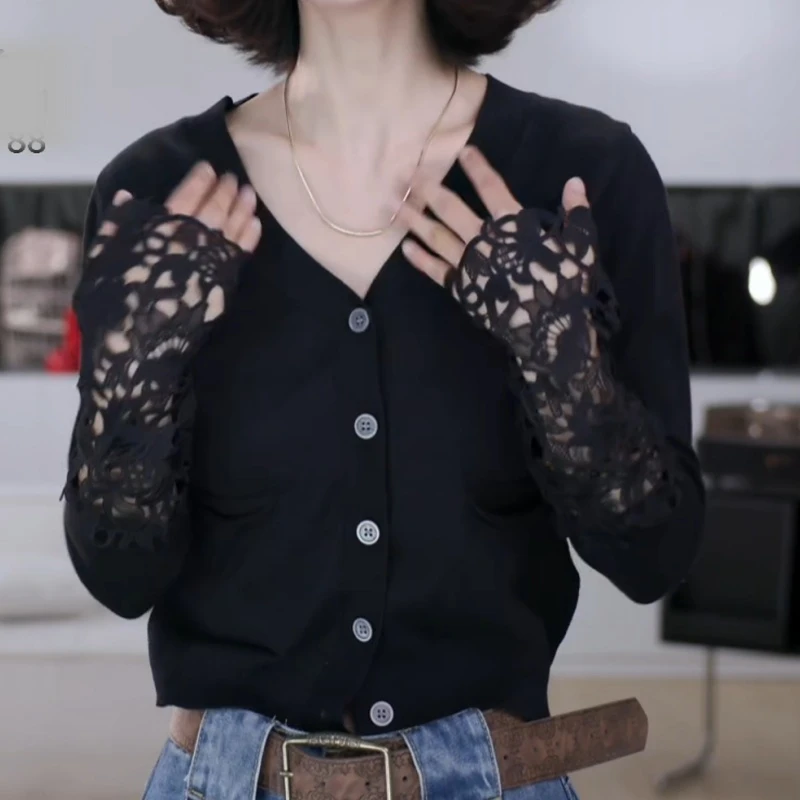 韩系新款设计感镂空袖蕾丝V领小开衫插肩袖针织衫LK2505942