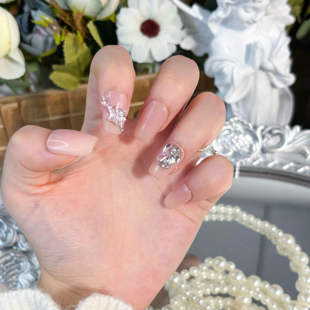 【优雅女人】AB款裸色渐变带钻爆闪手工美甲穿戴甲片中长款显白