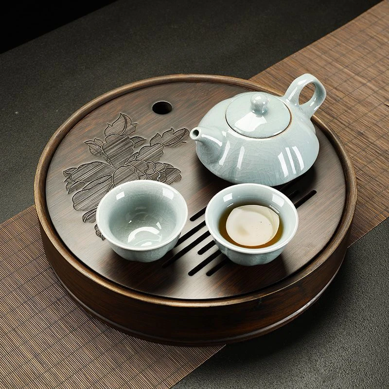 九竹竹制简约实木大号小型蓄水茶盘陶瓷泡茶盘圆形沥水茶托盘家用