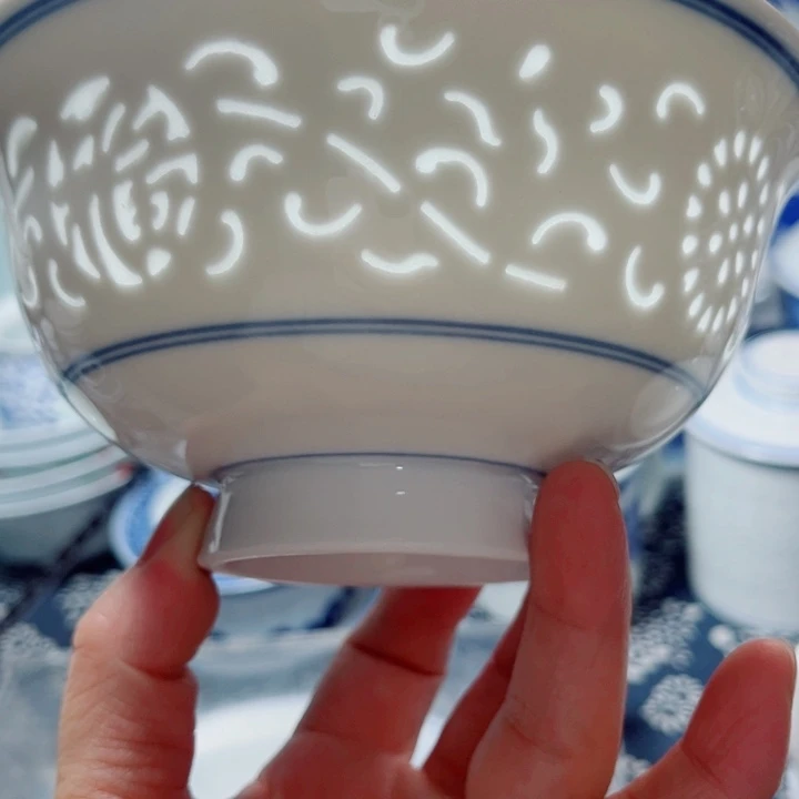 青花玲牡6寸面碗满雕双福双线