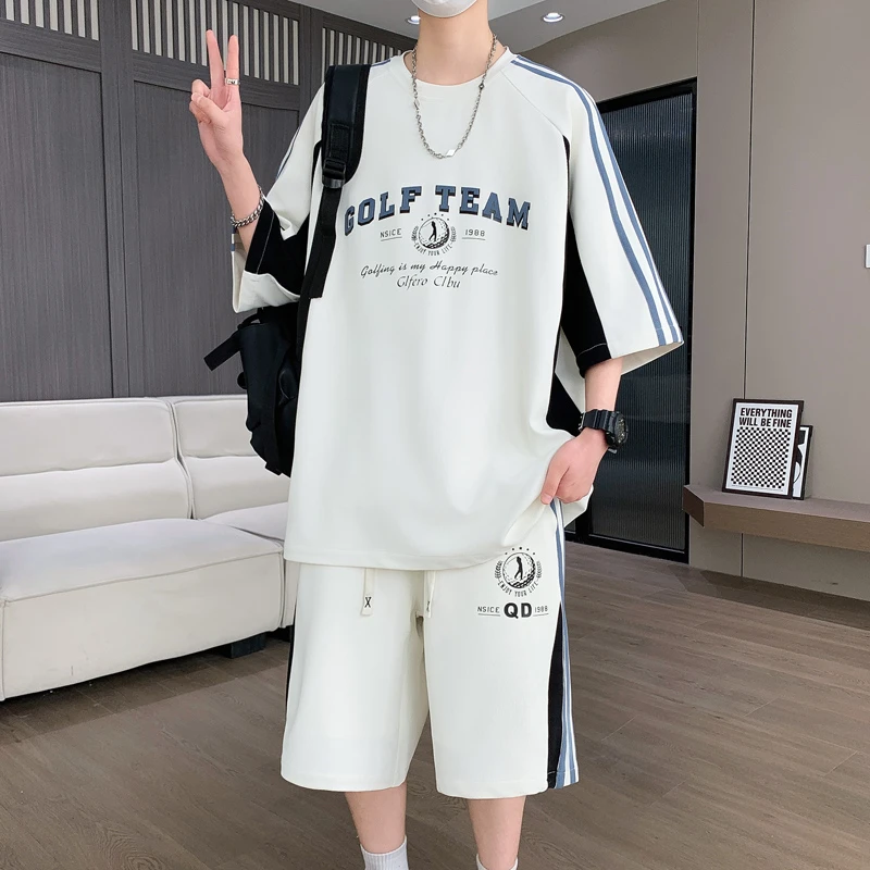 2025夏季冰丝短袖T恤套装男青少年潮流学院风百搭休闲运动两件套