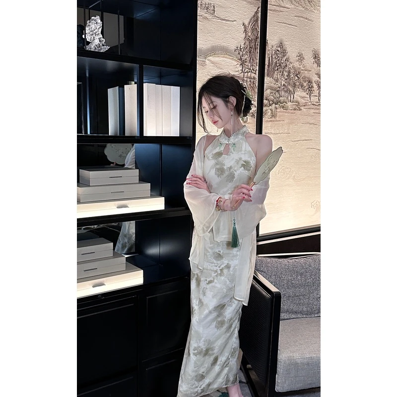 【雅乔定制】只此青绿 新中式国风挖肩连衣裙DYZY-23127065