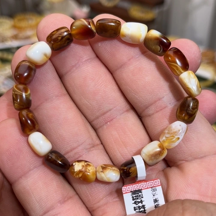 蜜蜡未镶嵌手链微瑕彩沁荧光瓷白溶洞妖花多宝7.6mm