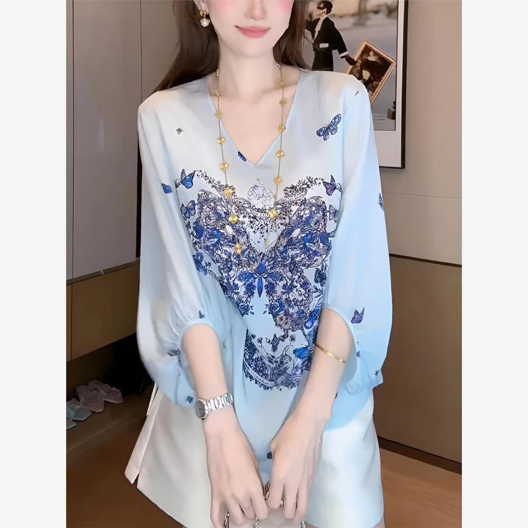 高级感领雪纺衫女夏季新款蝴蝶印花七分袖洋气宽松遮肚上衣