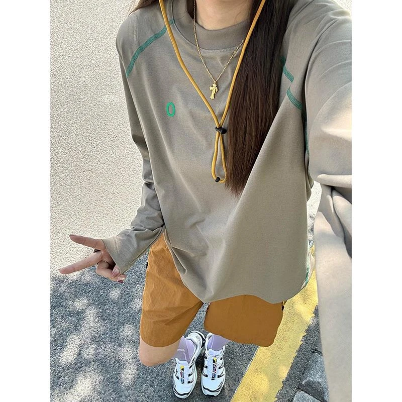 FAVMARTHA卡其色速干 干防晒长袖T恤男女夏季薄款撞色插肩袖户外