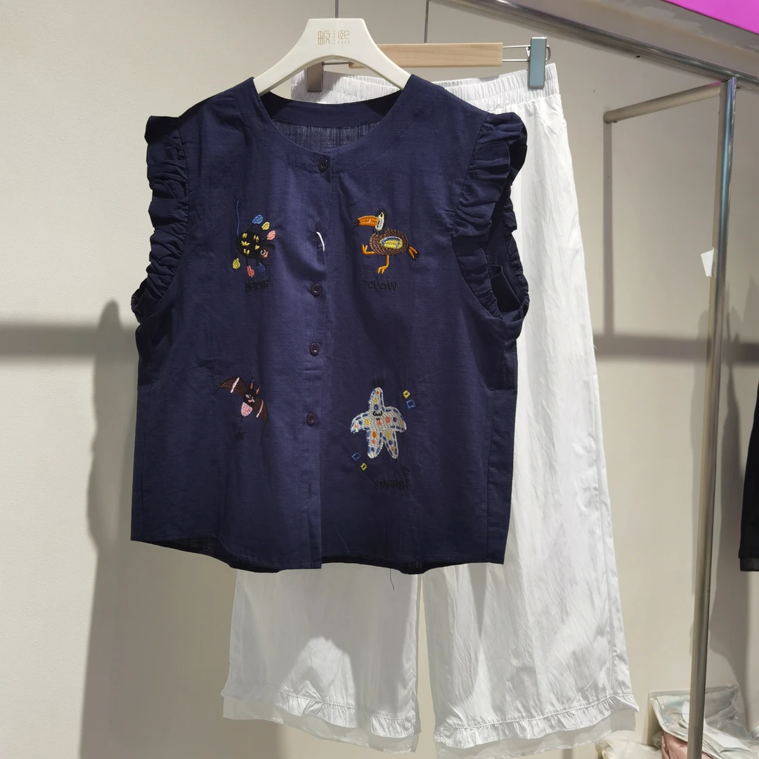 A937-【雪儿】卡通刺绣衬衫套装女2025夏装新款欧货女装飞飞袖小衫