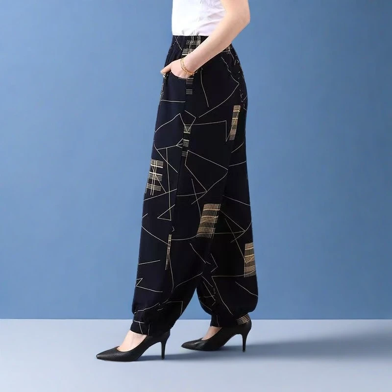 大码花色夏天裤子中老年灯笼裤棉绸高腰夏季宽松长裤薄款妈妈女裤